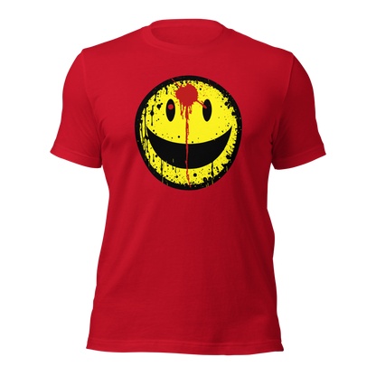 Rotes Unisex T-Shirt mit gelbem minimalistischem Smiley und roter Schusswunde auf der Stirn Brustprint