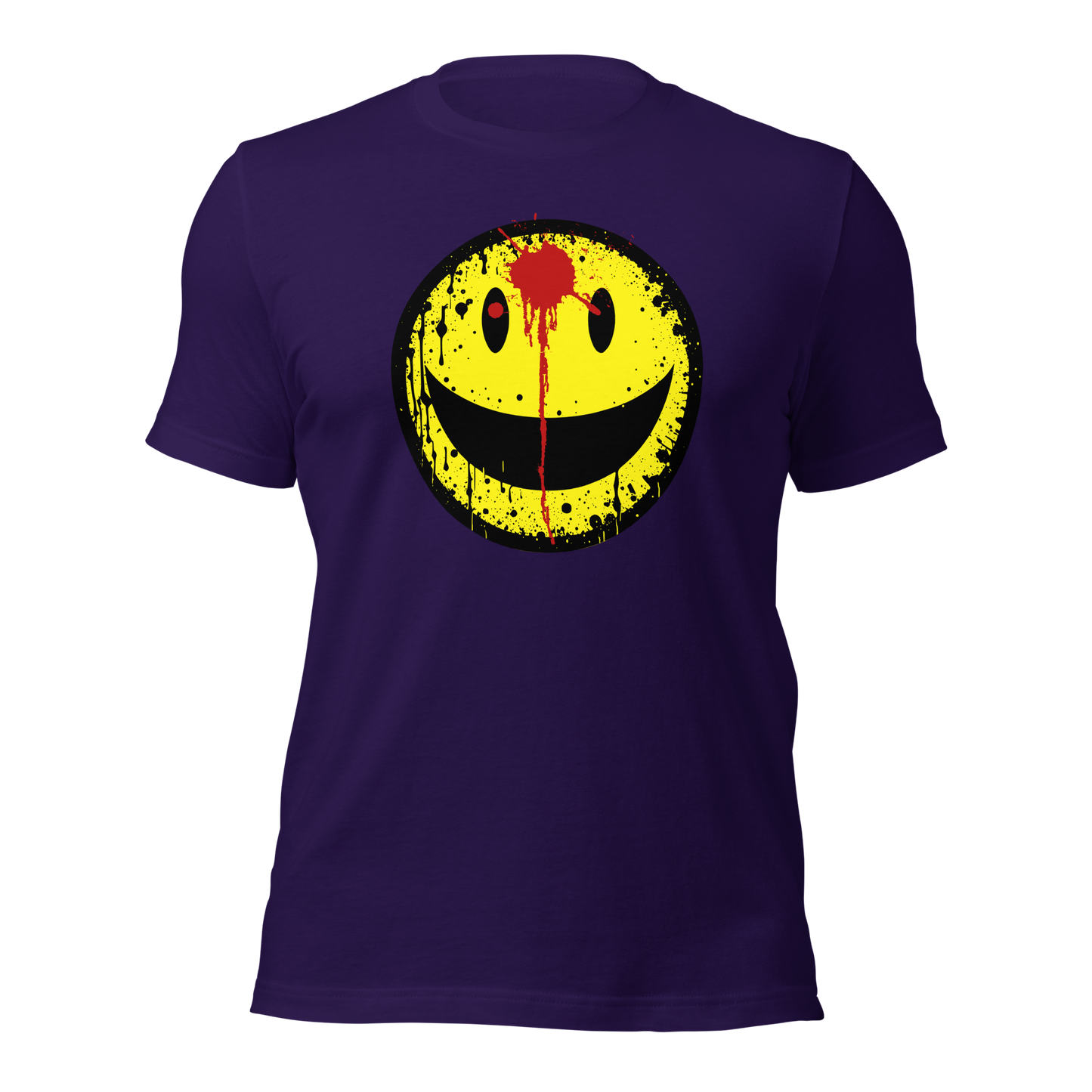 Lila Unisex T-Shirt mit gelbem minimalistischem Smiley und roter Schusswunde auf der Stirn Brustprint