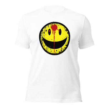 Weißes Unisex T-Shirt mit gelbem minimalistischem Smiley und roter Schusswunde auf der Stirn Brustprint