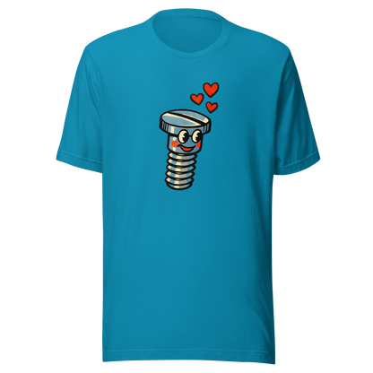 Hellblaues Partnerlook T-Shirt mit verliebter Schraube und Herzchen