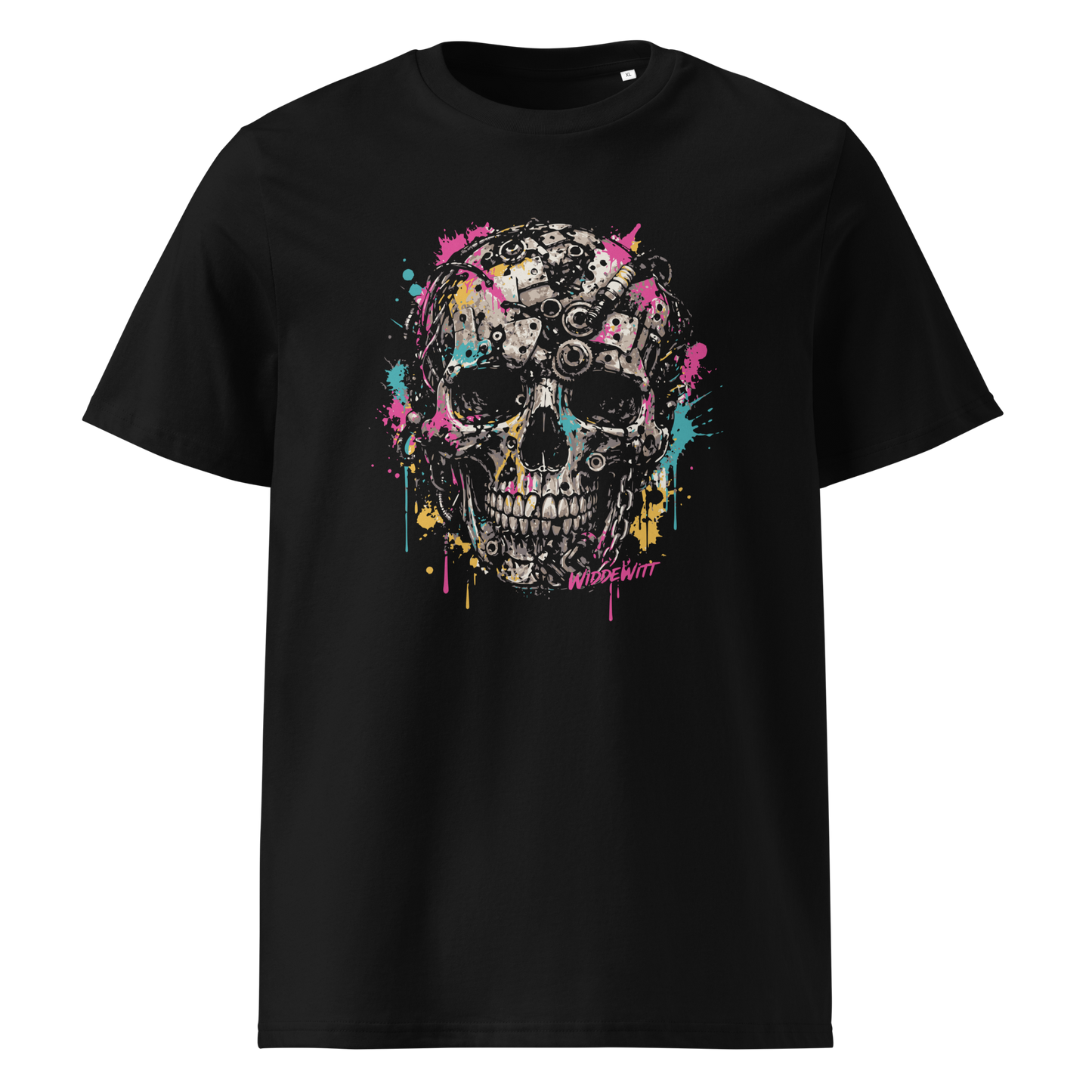 Schwarzes T-Shirt mit Totenkopf aus Metallteilen und bunten Farbklecksen