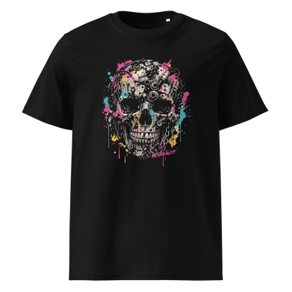 Schwarzes T-Shirt mit Totenkopf aus Metallteilen und bunten Farbklecksen