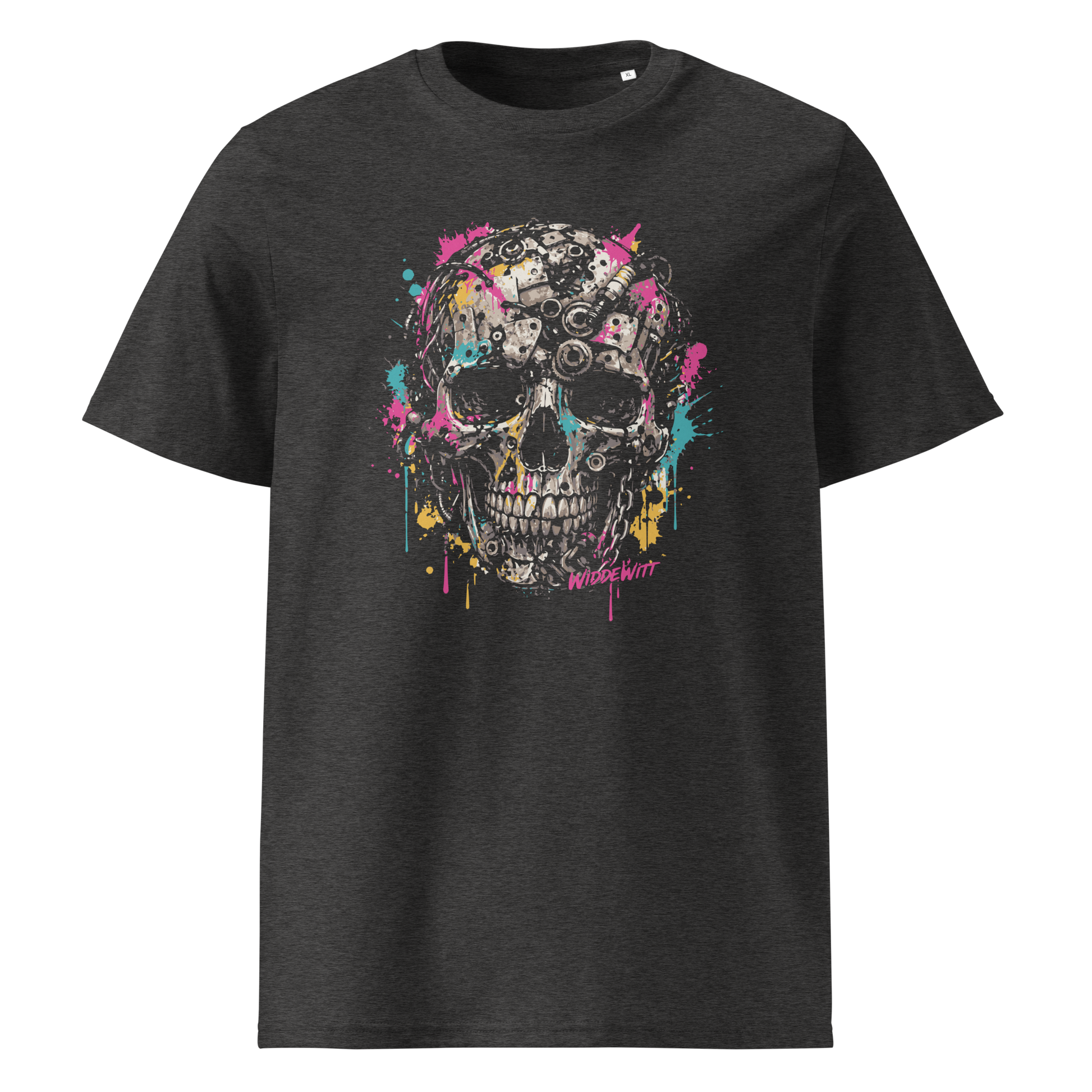 Graues T-Shirt mit Totenkopf aus Metallteilen und bunten Farbklecksen