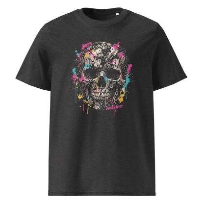 Graues T-Shirt mit Totenkopf aus Metallteilen und bunten Farbklecksen