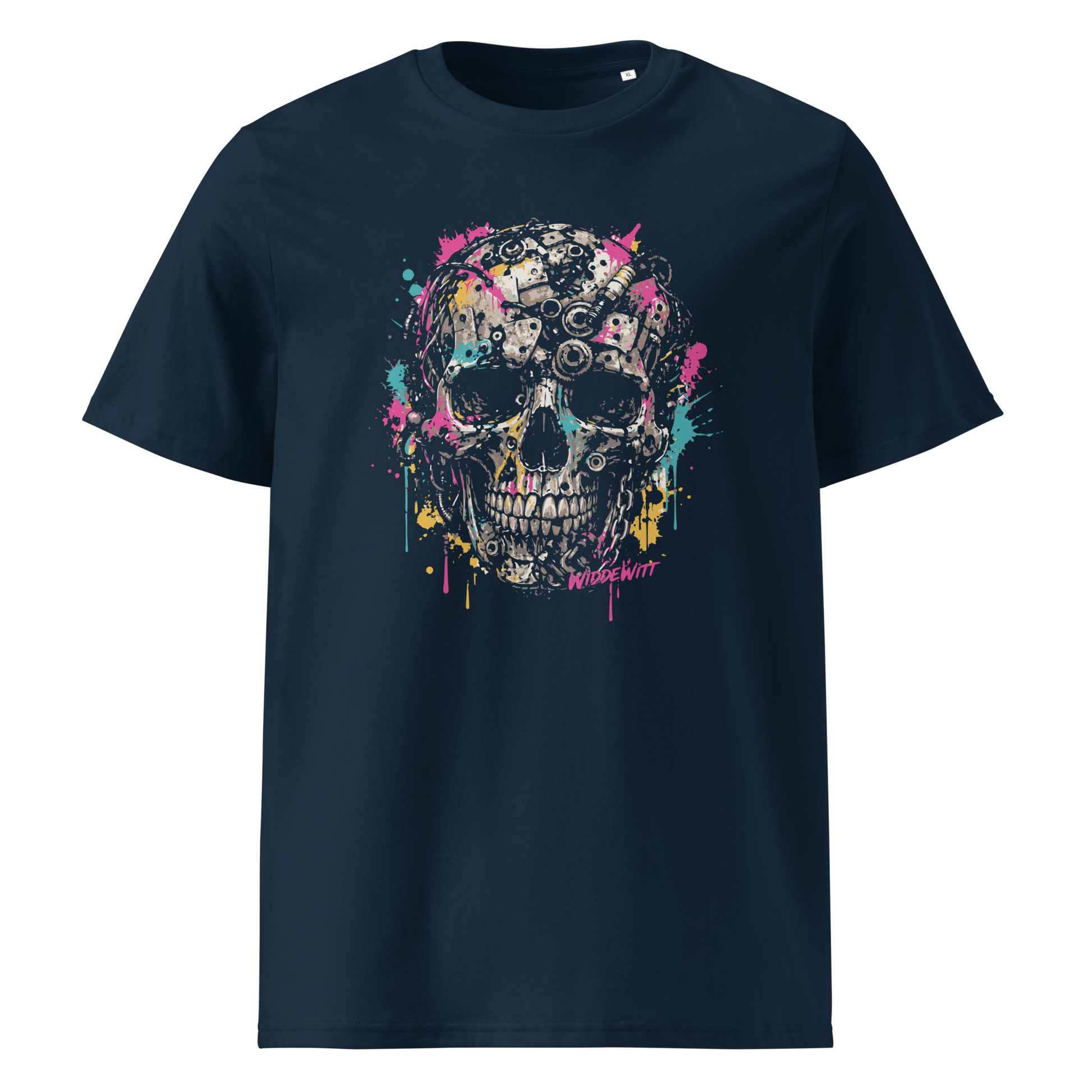 Navy T-Shirt mit Totenkopf aus Metallteilen und bunten Farbklecksen