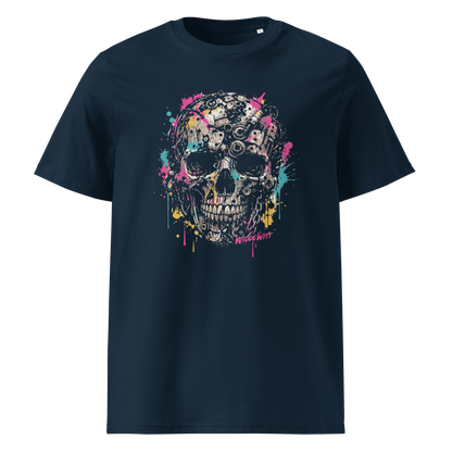 Navy T-Shirt mit Totenkopf aus Metallteilen und bunten Farbklecksen