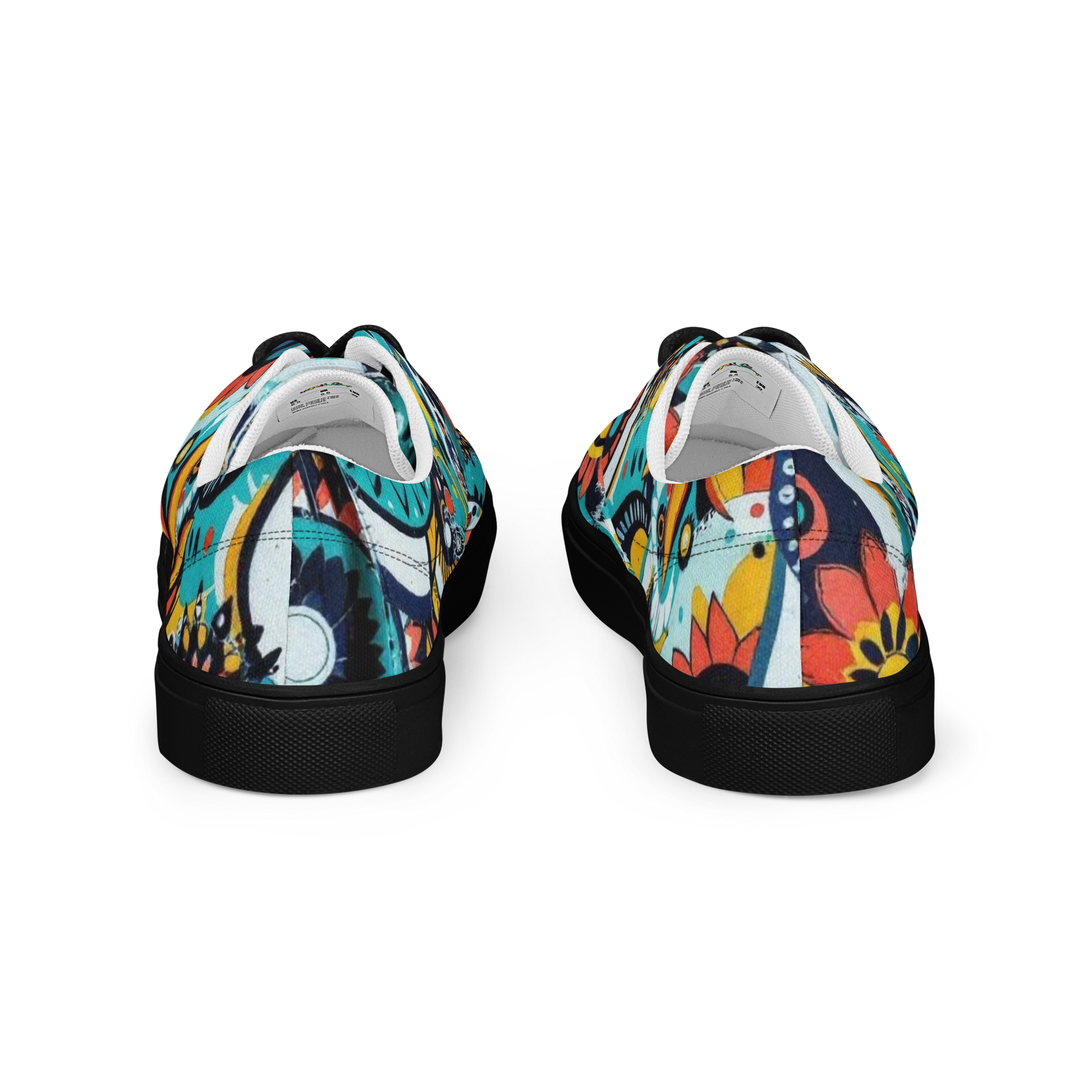 Bunte Sneaker mit abstraktem Muster im urbanem Stil und schwarzem Gummirand Hintenansicht
