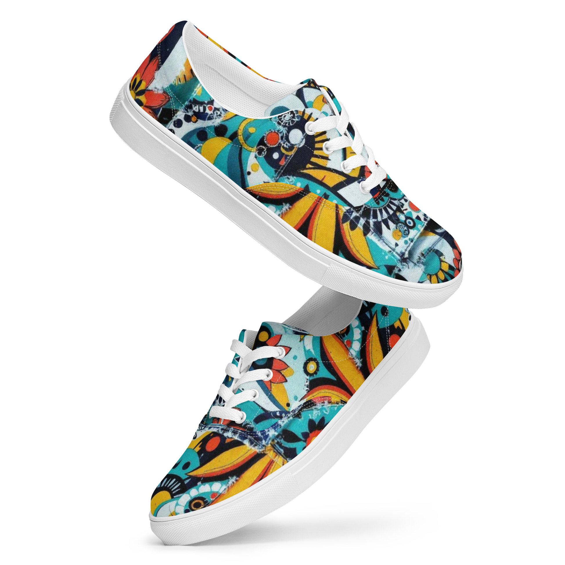 Bunte Sneaker mit abstraktem Muster im urbanem Stil und weißem Gummirand