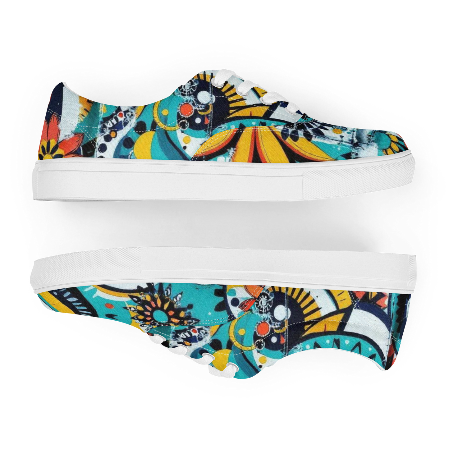 Bunte Sneaker mit abstraktem Muster im urbanem Stil und weißem Gummirand Seitenansicht