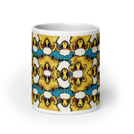 Große weiße Tasse mit bunten weißen und goldenen Schafen