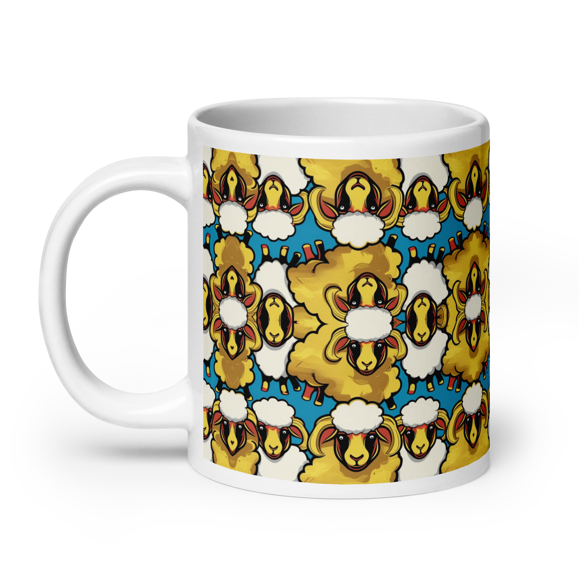 Große weiße Tasse mit bunten weißen und goldenen Schafen Ansicht links