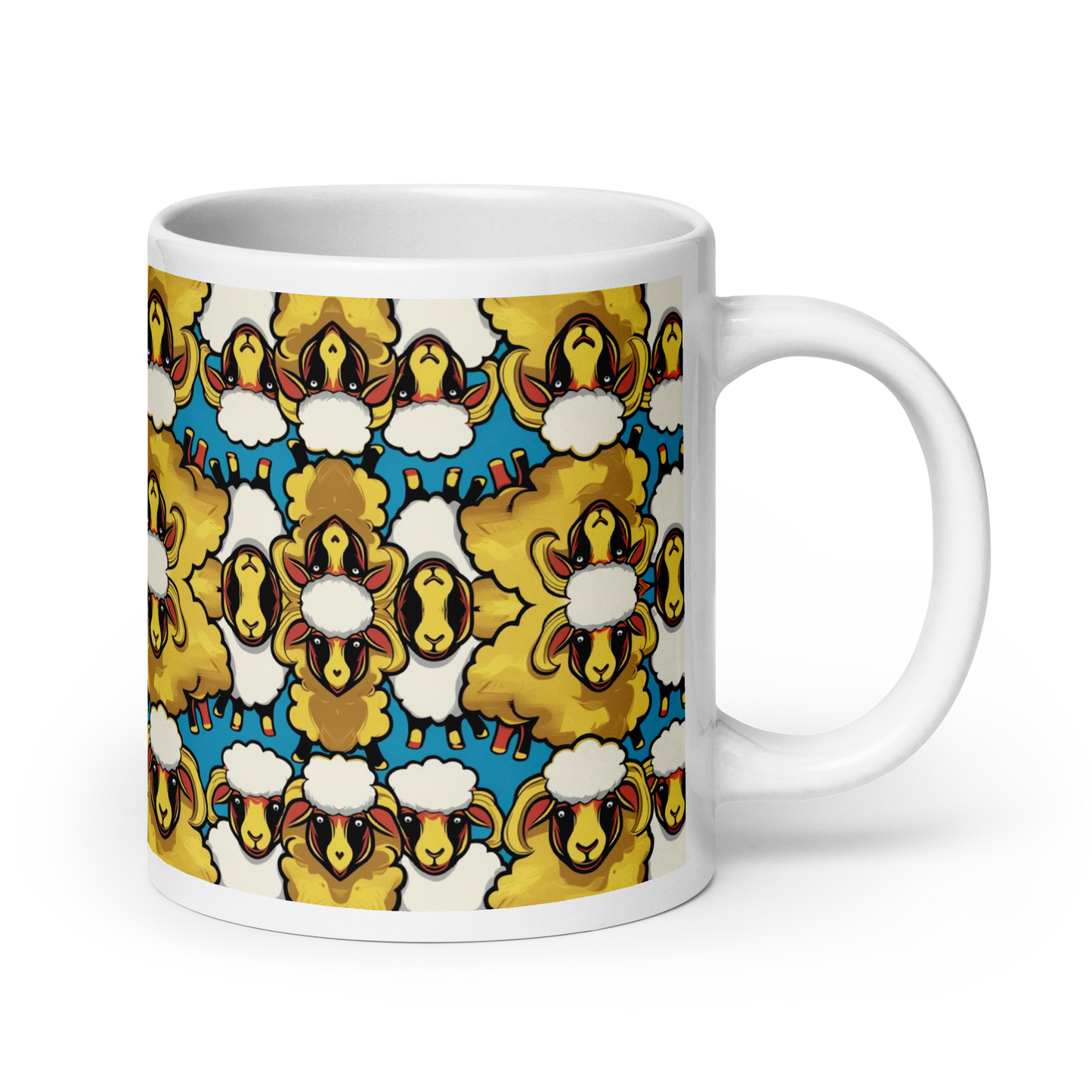 Große weiße Tasse mit bunten weißen und goldenen Schafen Ansicht rechts