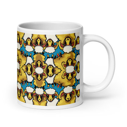 Große weiße Tasse mit bunten weißen und goldenen Schafen Ansicht rechts