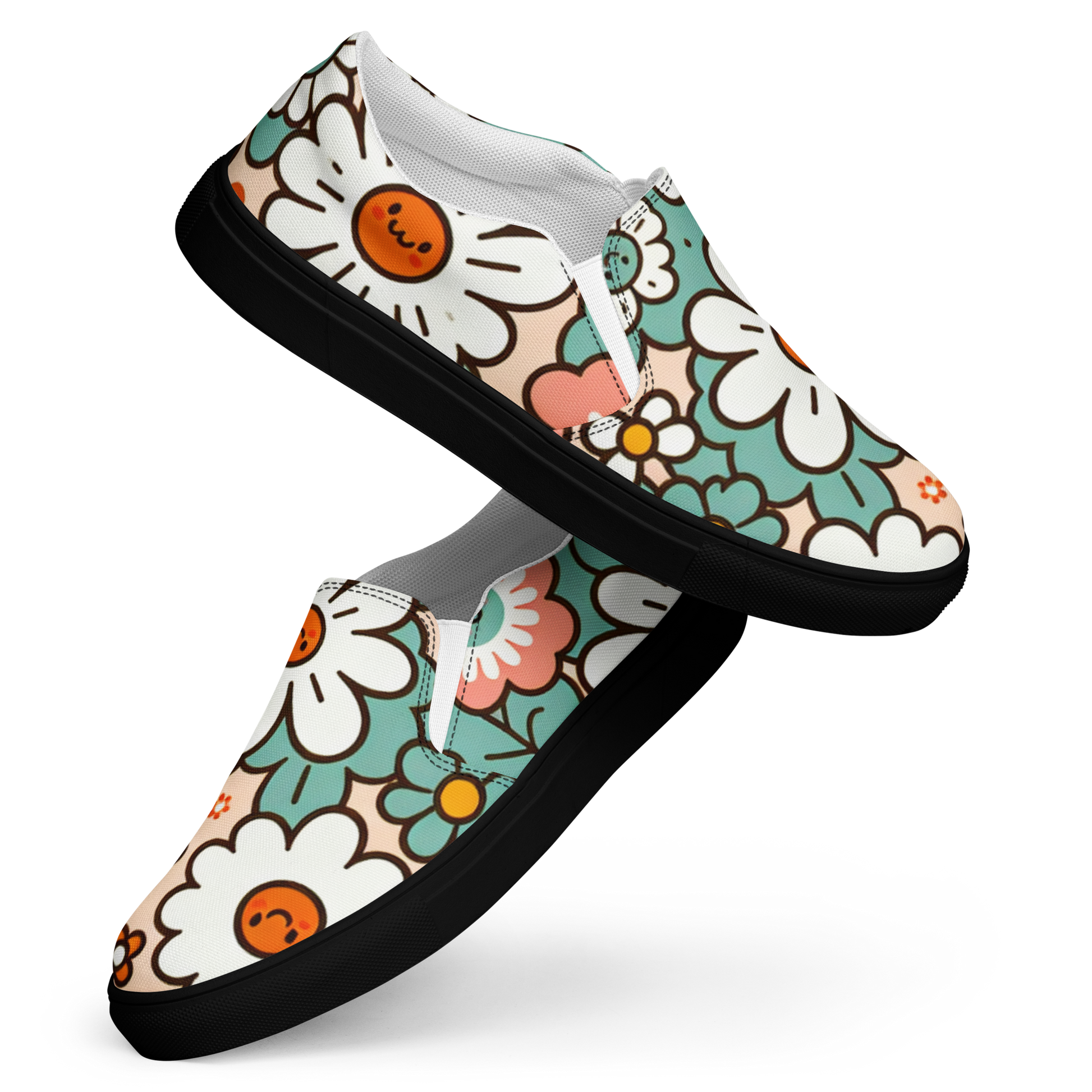 Slip Ons mit buntem Blumenmuster und schwarzem Gummirand Seitanansicht