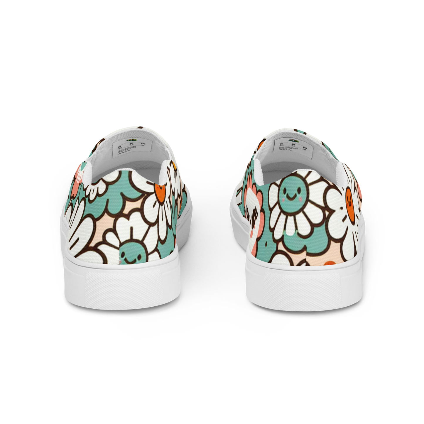 Slip Ons mit buntem Blumenmuster und weißem Gummirand Hintenansicht
