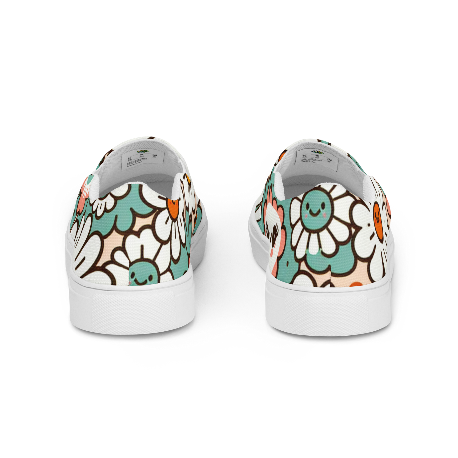 Slip Ons mit buntem Blumenmuster und weißem Gummirand Hintenansicht