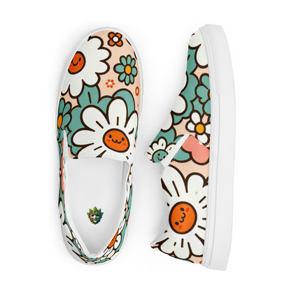 Slip Ons mit buntem Blumenmuster und weißem Gummirand Seitanansicht