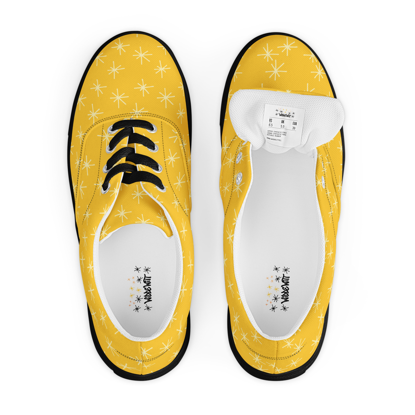 Gelbe Damen Sneaker mit weissem Sternen Muster und schwarzem Rand Obenansicht