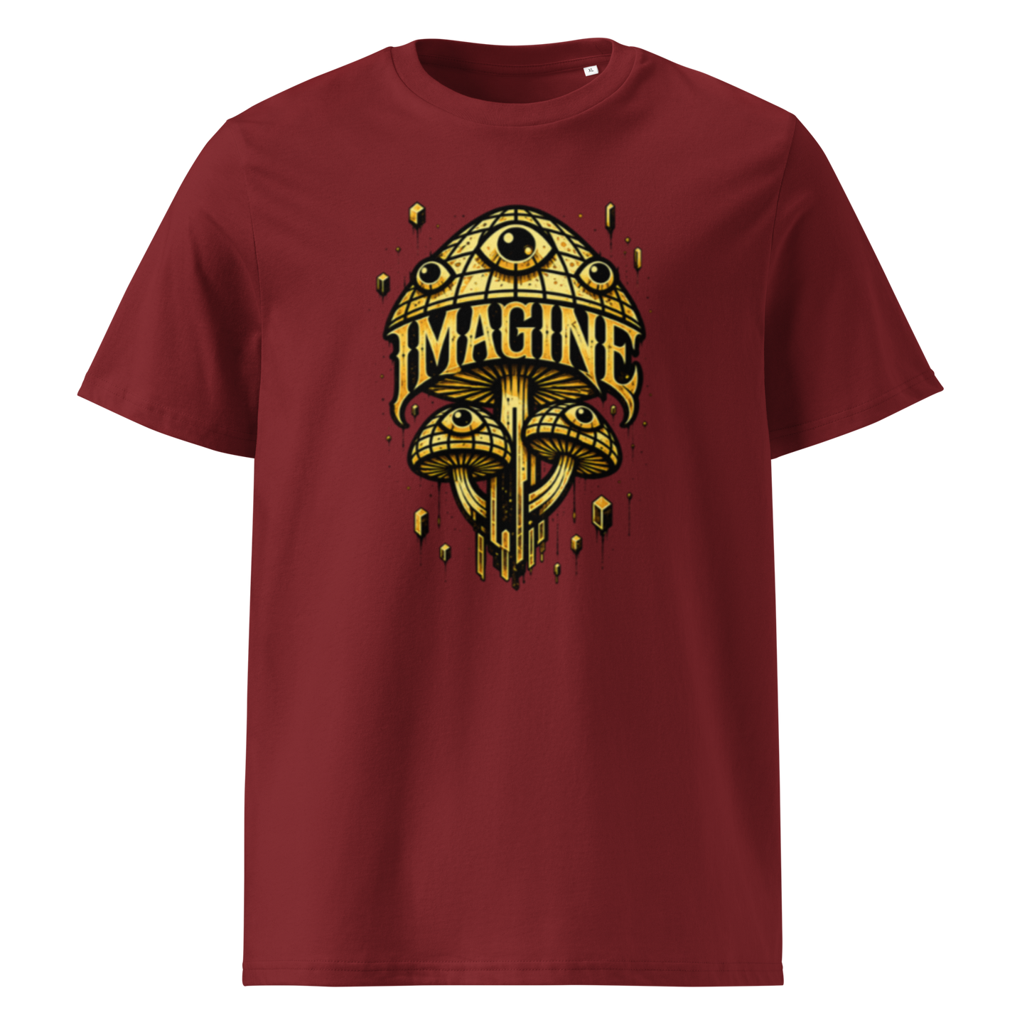 Burgund farbendes T-Shirt mit goldenen Pilzen mit Augen bedruckt und dem Schriftzug Imagine