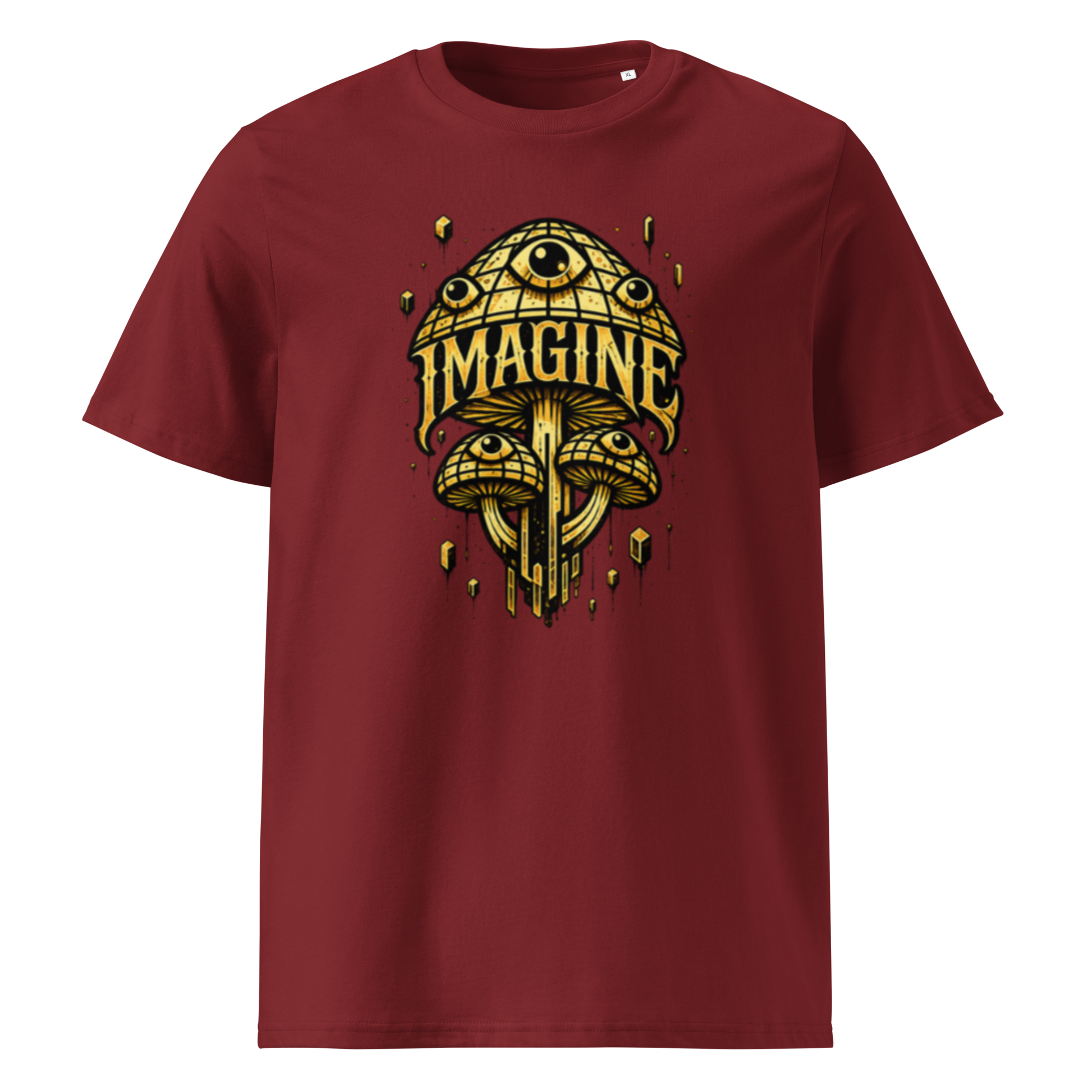 Burgund farbendes T-Shirt mit goldenen Pilzen mit Augen bedruckt und dem Schriftzug Imagine
