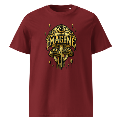 Burgund farbendes T-Shirt mit goldenen Pilzen mit Augen bedruckt und dem Schriftzug Imagine