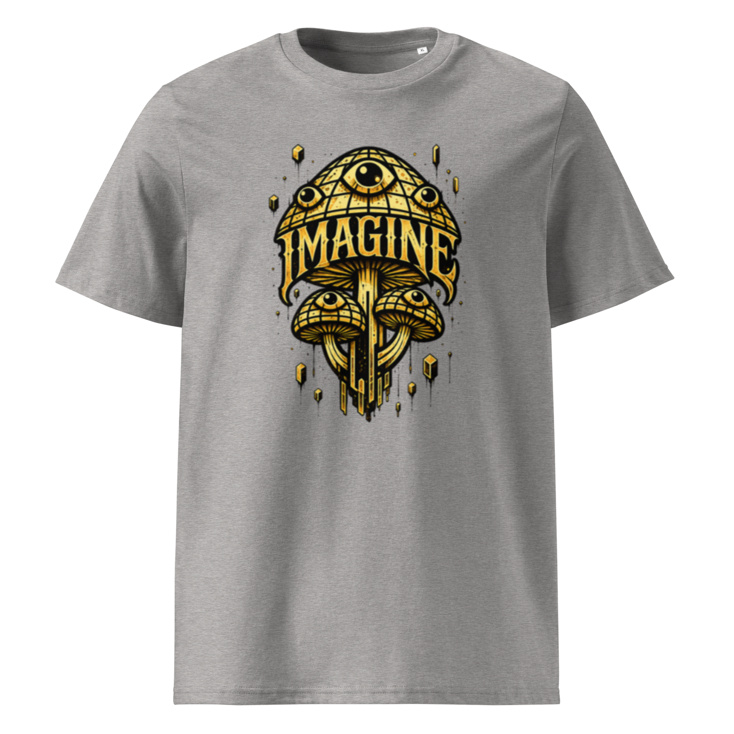 Graues T-Shirt mit goldenen Pilzen mit Augen bedruckt und dem Schriftzug Imagine