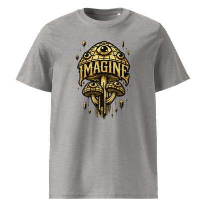 Graues T-Shirt mit goldenen Pilzen mit Augen bedruckt und dem Schriftzug Imagine
