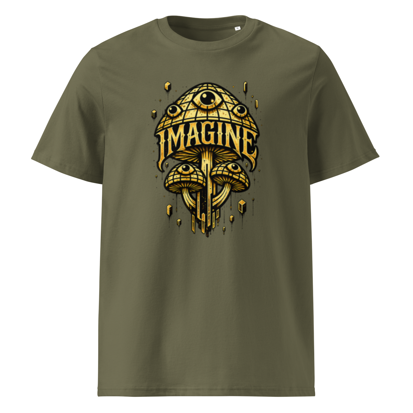 Khaki farbendes T-Shirt mit goldenen Pilzen mit Augen bedruckt und dem Schriftzug Imagine