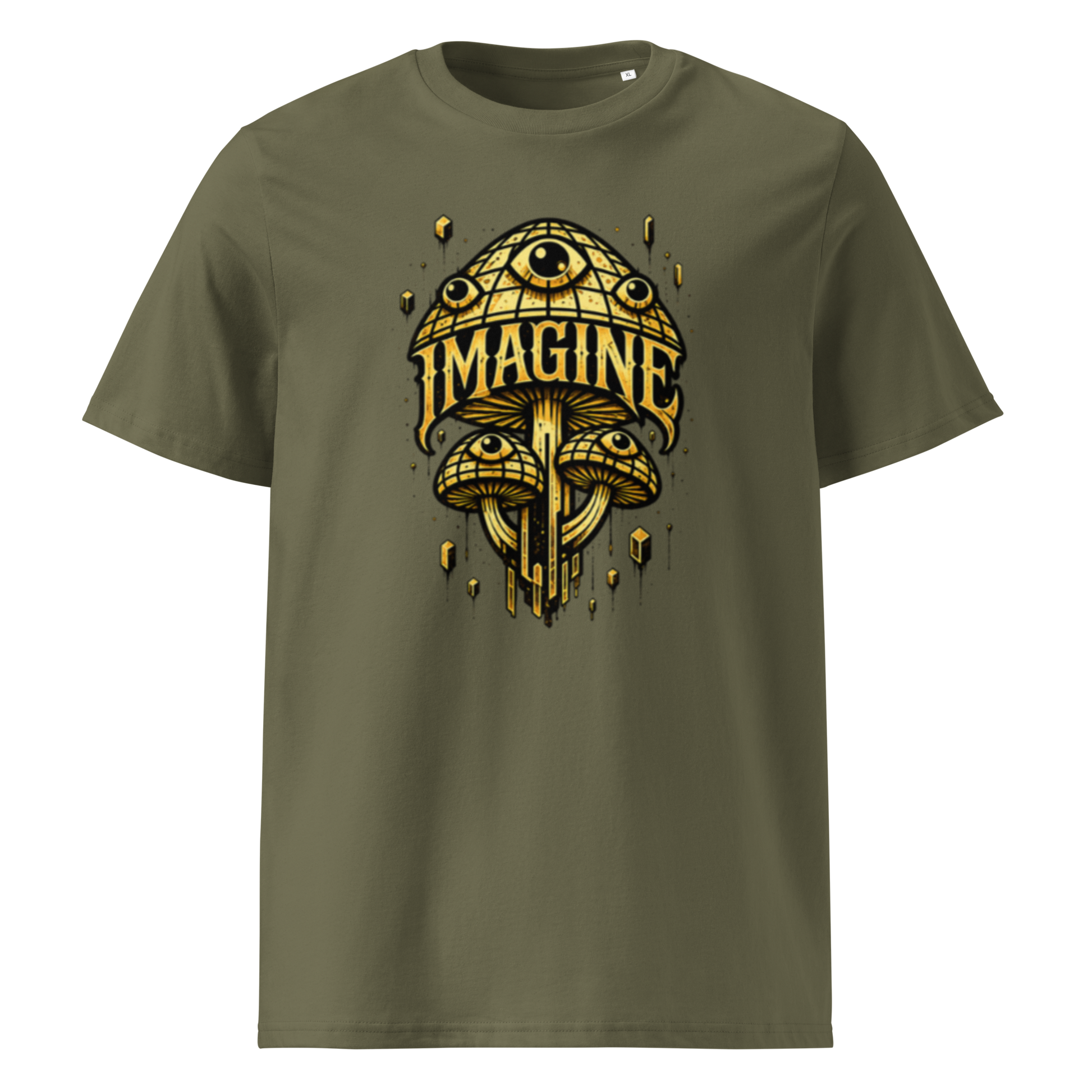 Khaki farbendes T-Shirt mit goldenen Pilzen mit Augen bedruckt und dem Schriftzug Imagine