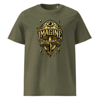 Khaki farbendes T-Shirt mit goldenen Pilzen mit Augen bedruckt und dem Schriftzug Imagine