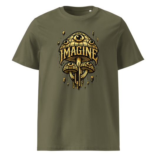 Khaki farbendes T-Shirt mit goldenen Pilzen mit Augen bedruckt und dem Schriftzug Imagine