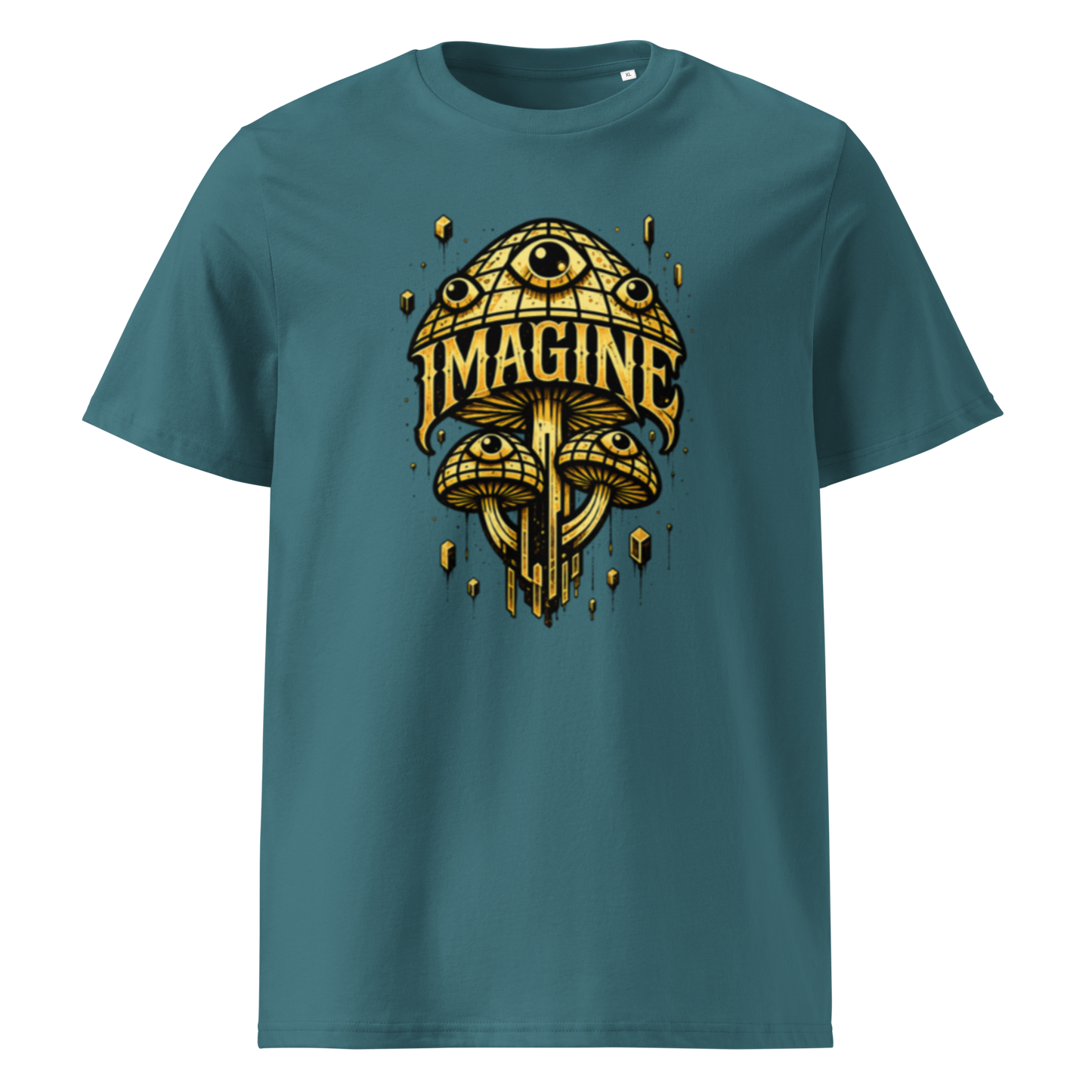 Hellblaues T-Shirt mit goldenen Pilzen mit Augen bedruckt und dem Schriftzug Imagine