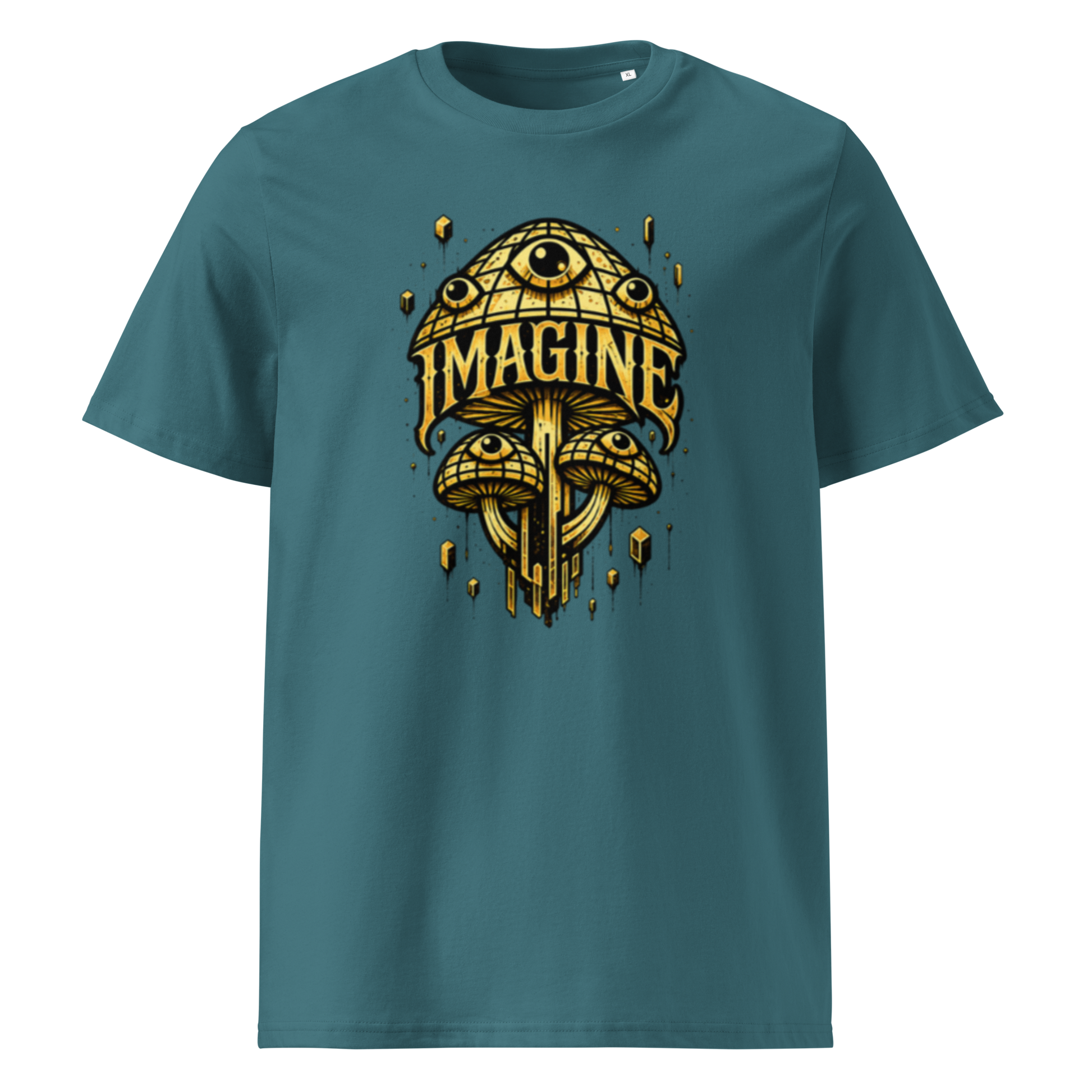Hellblaues T-Shirt mit goldenen Pilzen mit Augen bedruckt und dem Schriftzug Imagine