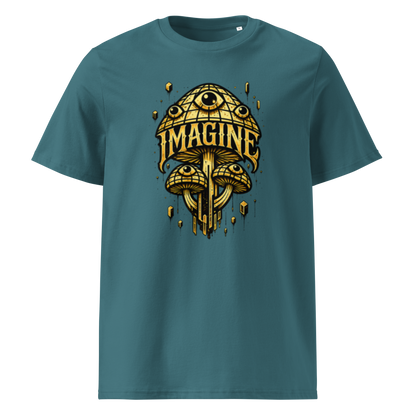 Hellblaues T-Shirt mit goldenen Pilzen mit Augen bedruckt und dem Schriftzug Imagine