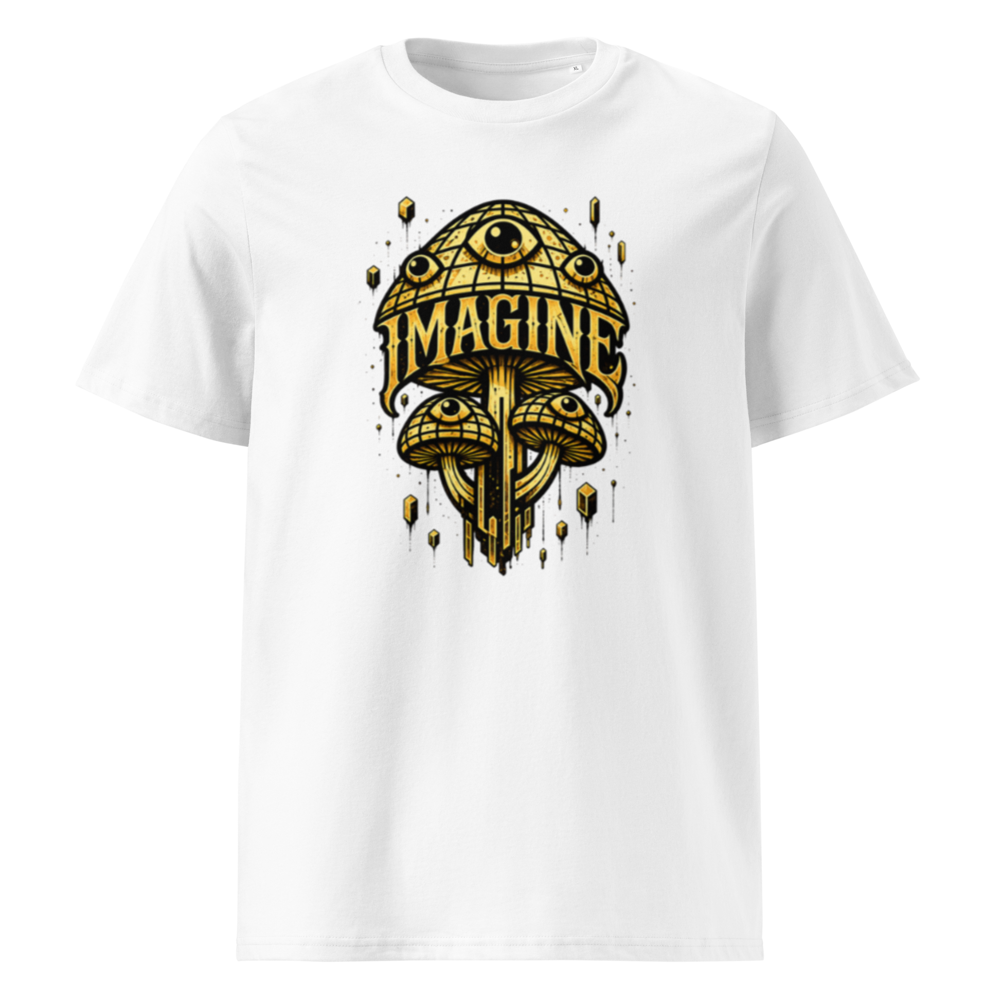 Weißes T-Shirt mit goldenen Pilzen mit Augen bedruckt und dem Schriftzug Imagine