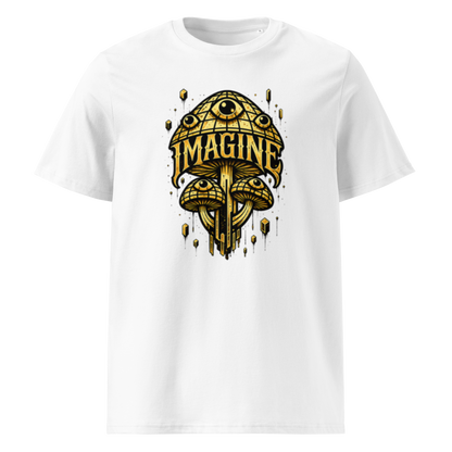 Weißes T-Shirt mit goldenen Pilzen mit Augen bedruckt und dem Schriftzug Imagine