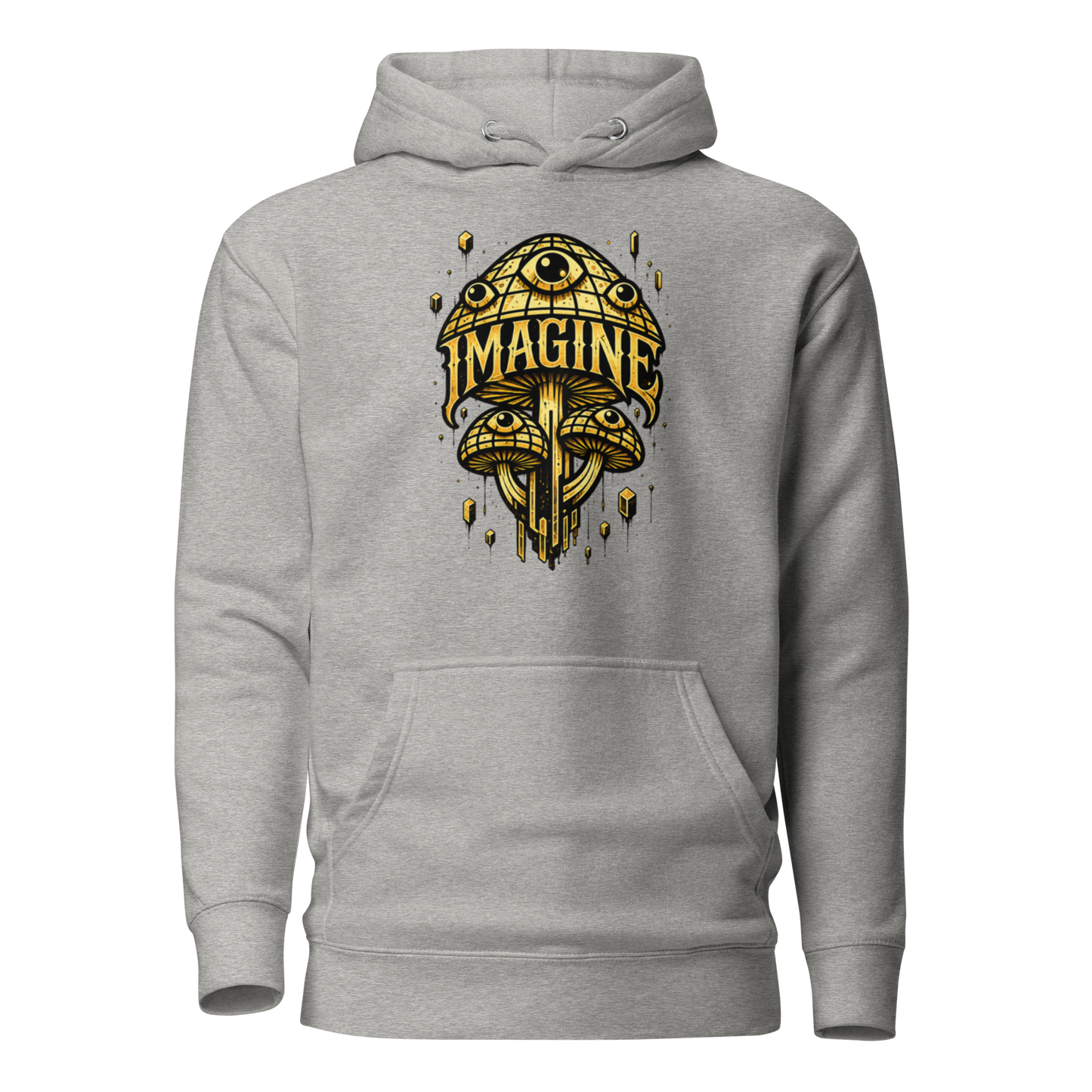 Grauer Hoodie mit goldenen Pilzen mit Augen bedruckt und dem Schriftzug Imagine