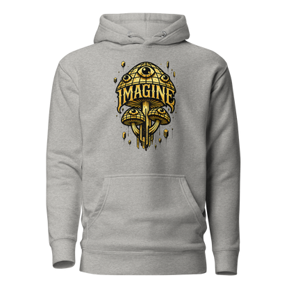 Grauer Hoodie mit goldenen Pilzen mit Augen bedruckt und dem Schriftzug Imagine