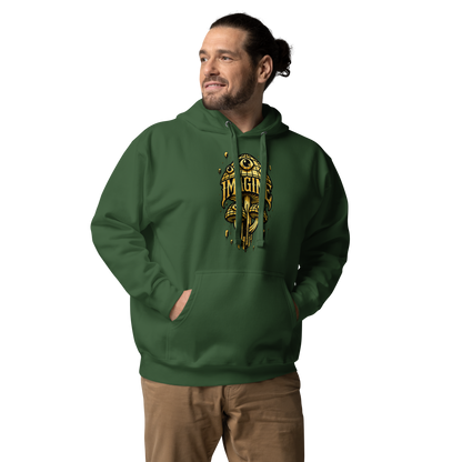 Mann trägt Waldgrünen farbenden Hoodie mit goldenen Pilzen mit Augen bedruckt und dem Schriftzug Imagine