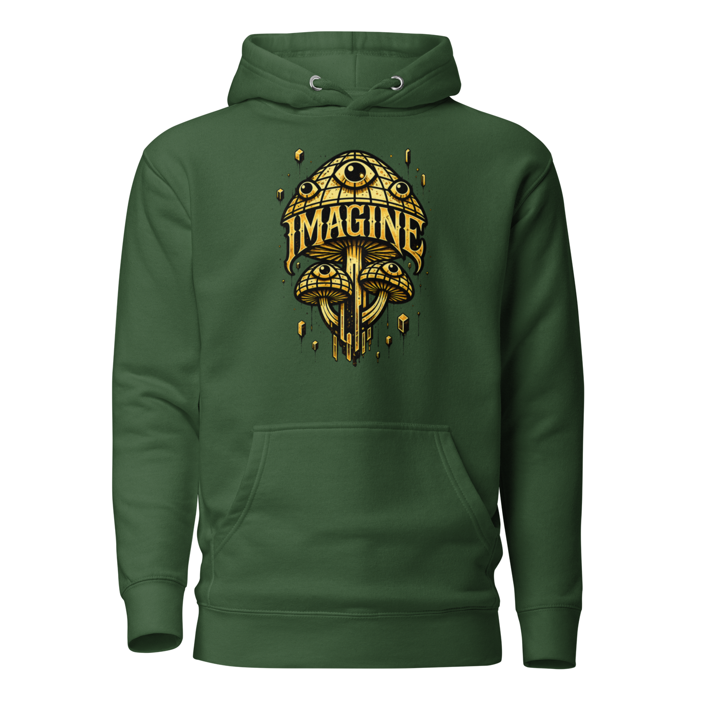 Waldgrüner Hoodie mit goldenen Pilzen mit Augen bedruckt und dem Schriftzug Imagine