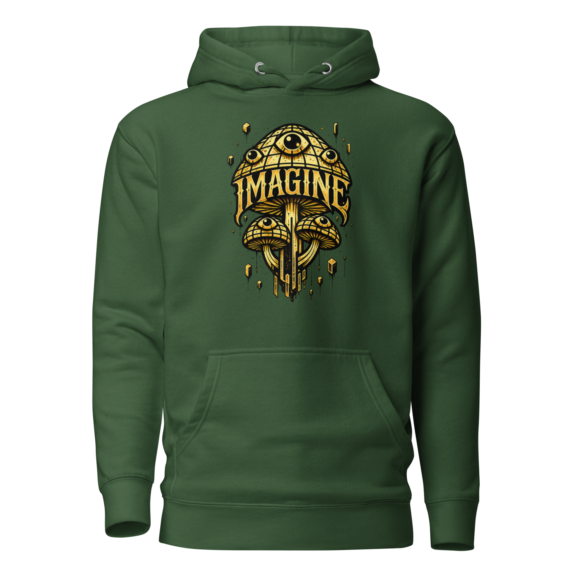 Waldgrüner Hoodie mit goldenen Pilzen mit Augen bedruckt und dem Schriftzug Imagine