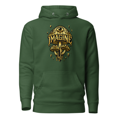 Waldgrüner Hoodie mit goldenen Pilzen mit Augen bedruckt und dem Schriftzug Imagine