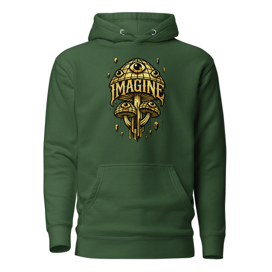 Waldgrüner Hoodie mit goldenen Pilzen mit Augen bedruckt und dem Schriftzug Imagine