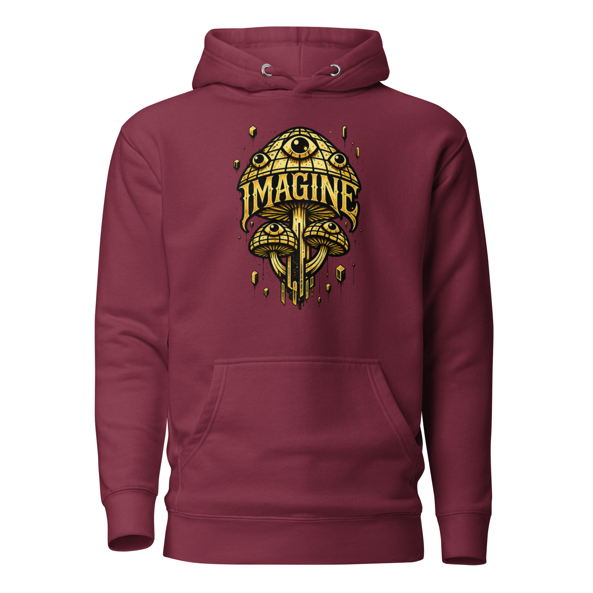 Burgund farbender Hoodie mit goldenen Pilzen mit Augen bedruckt und dem Schriftzug Imagine