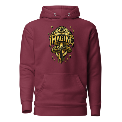 Burgund farbender Hoodie mit goldenen Pilzen mit Augen bedruckt und dem Schriftzug Imagine