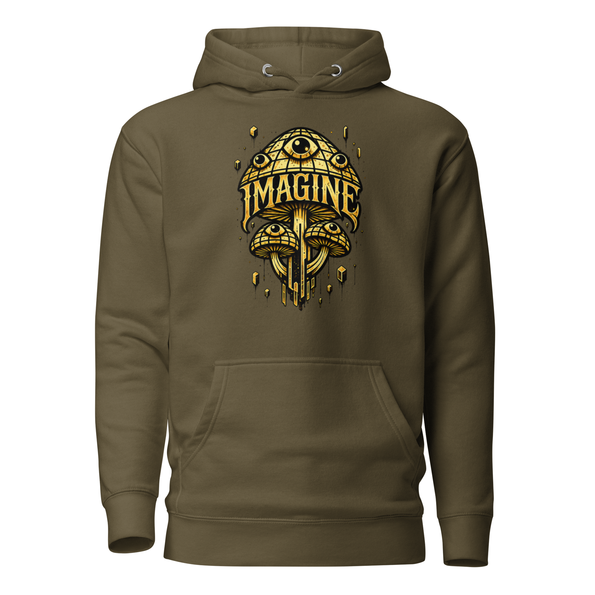 Khaki farbender Hoodie mit goldenen Pilzen mit Augen bedruckt und dem Schriftzug Imagine