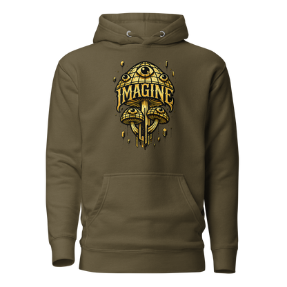 Khaki farbender Hoodie mit goldenen Pilzen mit Augen bedruckt und dem Schriftzug Imagine