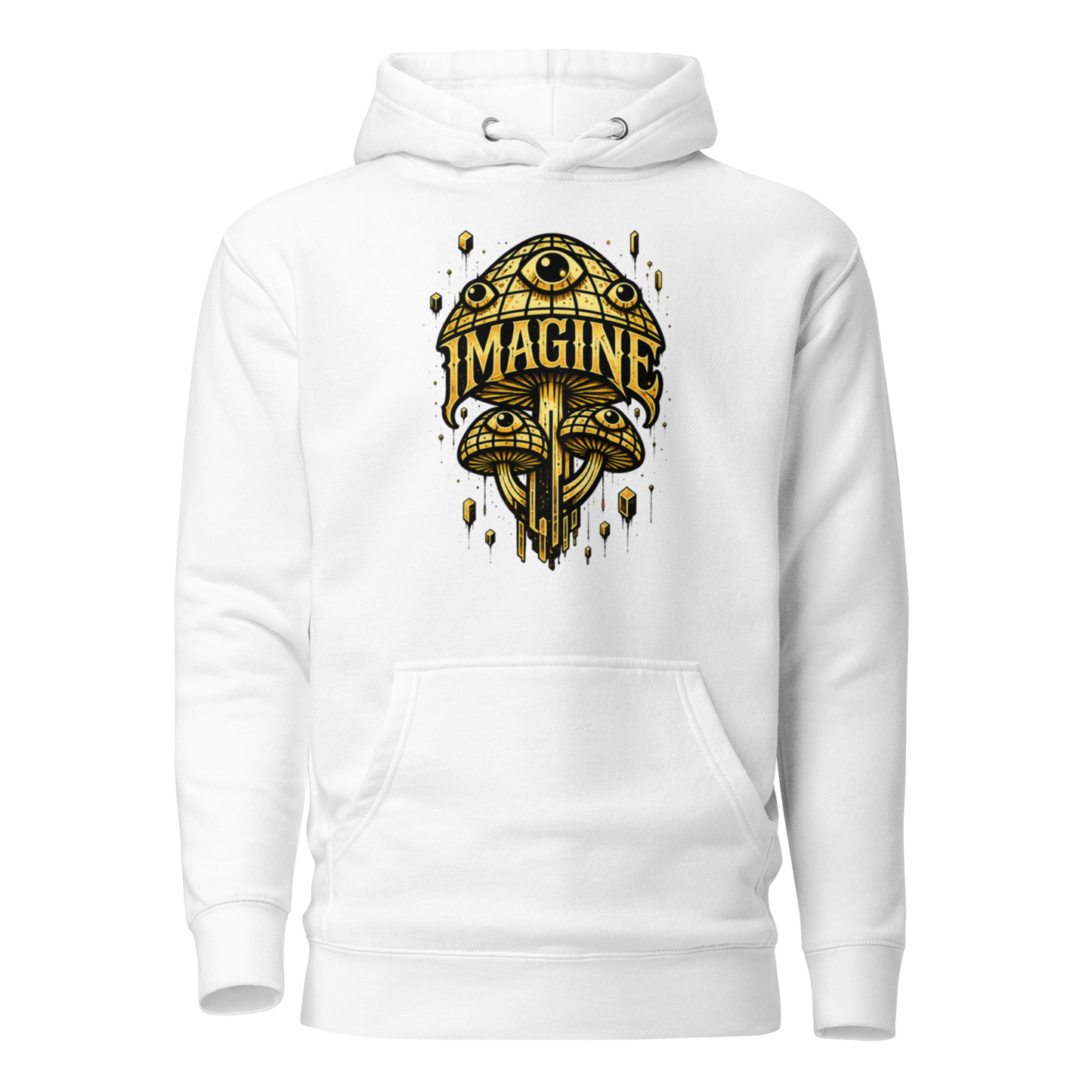 Weißer Hoodie mit goldenen Pilzen mit Augen bedruckt und dem Schriftzug Imagine