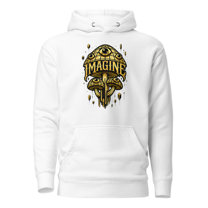 Weißer Hoodie mit goldenen Pilzen mit Augen bedruckt und dem Schriftzug Imagine