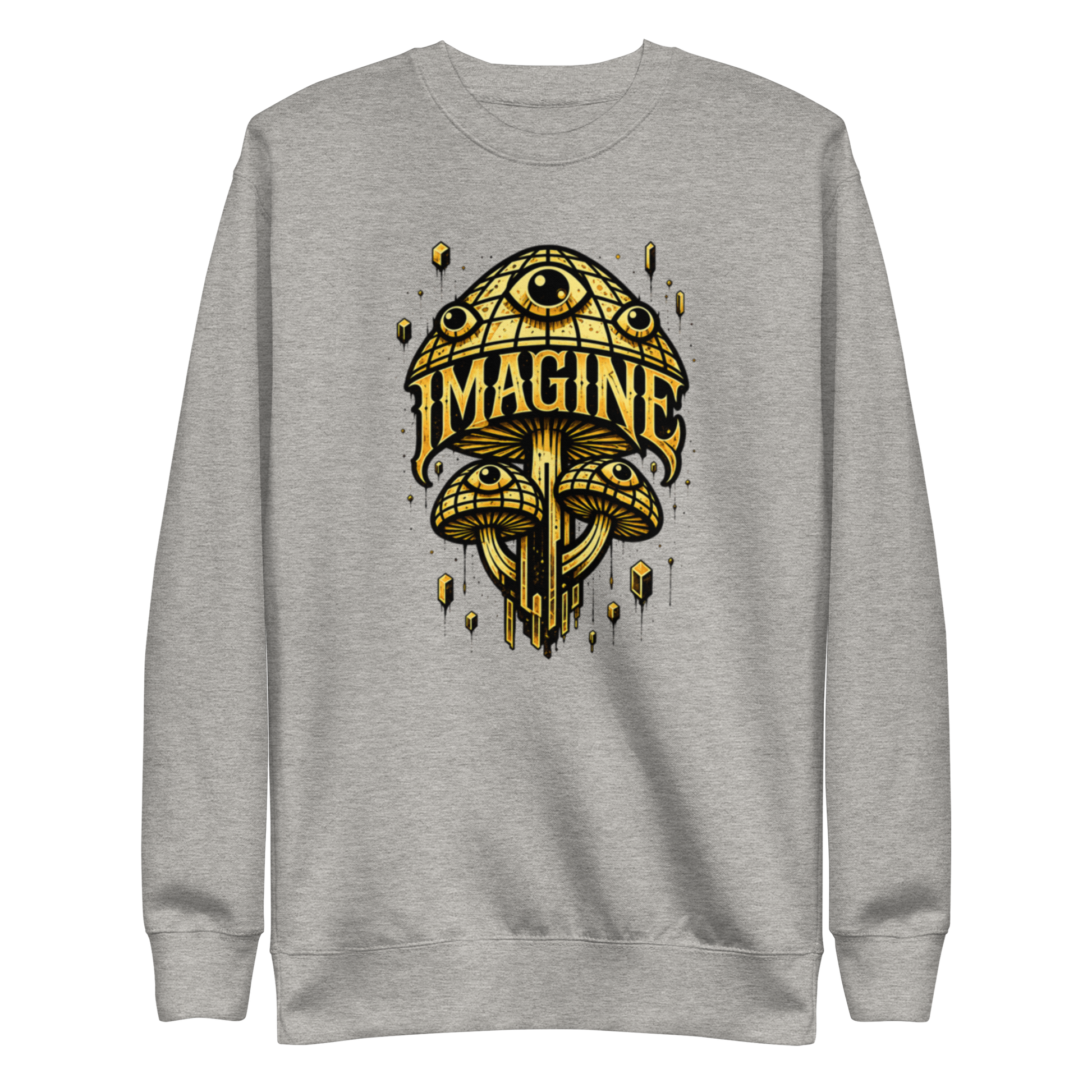 Grauer Pullover mit goldenen Pilzen mit Augen bedruckt und dem Schriftzug Imagine
